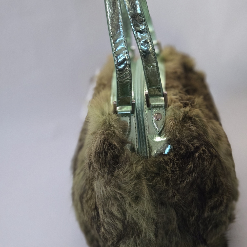 Faux-Fur Shoulder Bag in Olive Green with Metallic Handles
